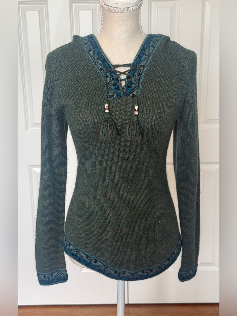 Alpaca Green & Teal Aztec Tejidos Parillo Cusco Peru Hoodie Women Sz XS/S
